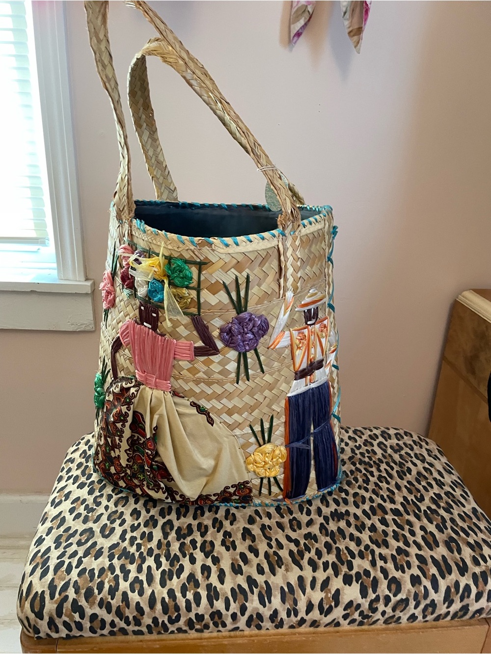Embroidered Straw Vintage Tote Bag in Natural with Multicolor Accents
